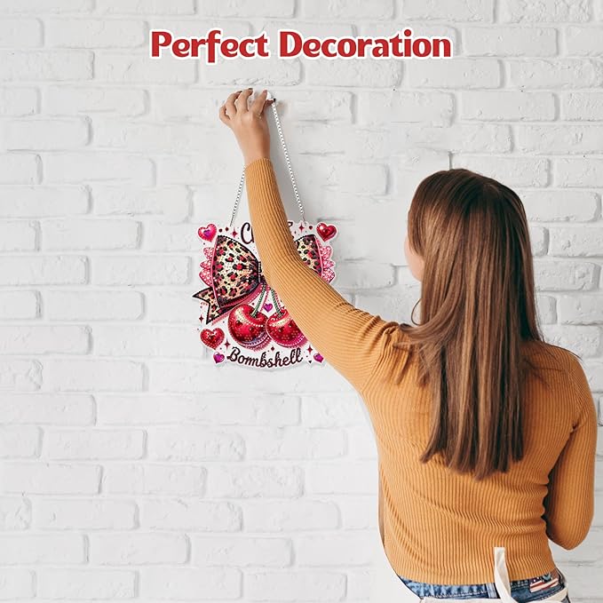 GHHKUD Cherry Bow Diamond Art Hanging Kit for Adults, DIY Double Sided Diamond Painting Hanging Valentines Kits Adults, Special Shaped Acrylic Ornaments Pendants for Window Home Garden Wall