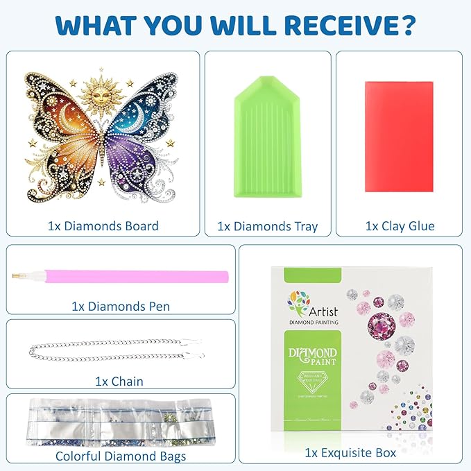 MEIYUDA Butterfly Diamond Art Hanging Kits for Adult, Butterfly Sun Moon Diamond Painting Hanging Kits Ornaments, DIY Special Shaped Rhinestone Window Pendants kit for Home Garden Wall Decor Gift