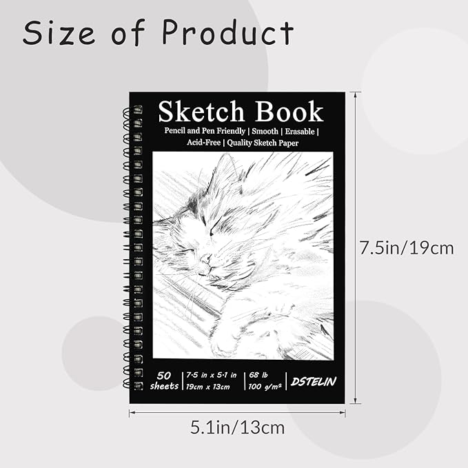 DSTELIN 2 Pack Spiral Bound Sketchbooks (100 GSM Sketch Paper), 50 Sheets per Pack, 7.5" x 5.1" Sketchbook with Black Hard Cover for Painting, Drawing and Sketching