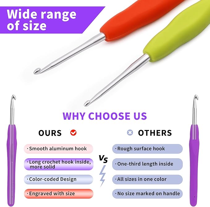 Iuuidu 2PCS 2.0mm 2.5mm Crochet Hooks, Ergonomic Handle Crochet Hooks for Arthritic Hands, Extra Long Crochet Needles for Beginners, Comfortable Smooth Knitting Needles for Handmade DIY Multicolor