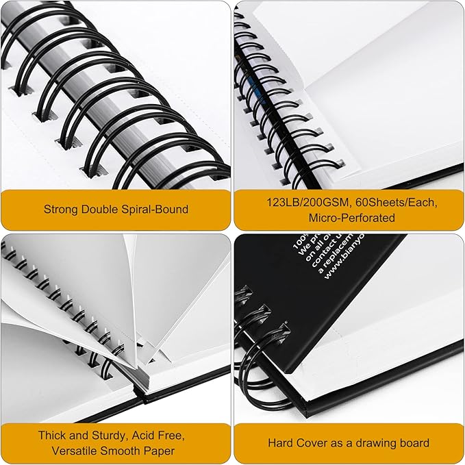 bianyo mixed media paper sketchbook, a4 (8.26" x 11.69"), 60 sheets/each, 123 lb/200 gsm, pack of 2 pads, spiral-bound pad, ideal for wet & dry media like marker, watercolor, acrylic, pastel, pencil