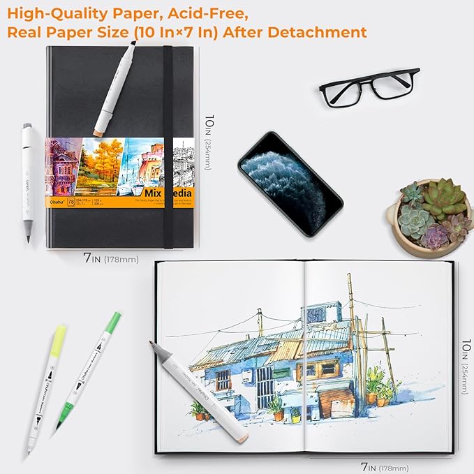 Ohuhu Mix Media Pad, 10" x 7" Mixed Media Art Sketchbook, 120 lb/200 gsm Heavyweight Papers, 78 Sheets/156 Pages, PU Hardcover Mixed Media Paper Pad for Acrylic, Painting Christmas Gift