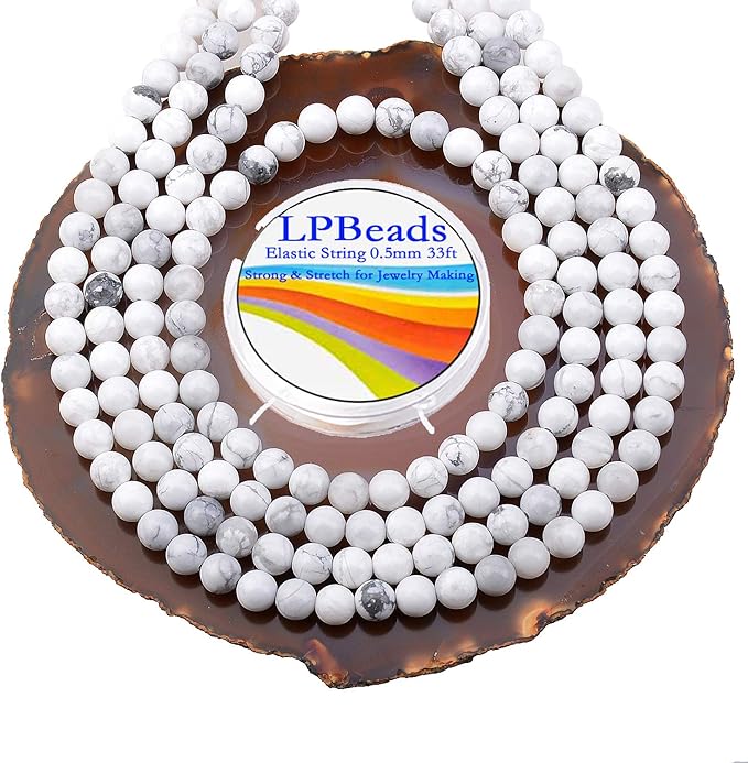 LPBeads 200Pcs Polished 6mm Round Natural White Howlite Gemstone Loose Beads with Stretch Cord for Jewelry Making Bracelets