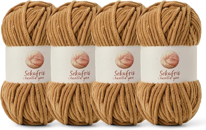 4 Pack Chunky Chenille Yarn for Crocheting, Baby Yarn for Crocheting Soft Blanket, 349.9 yds /14.1 oz Crochet Yarn, Bulky 5 Amigurumi Yarns, Fluffy Velvet Yarns for Knitting Crafts (4 Brown)