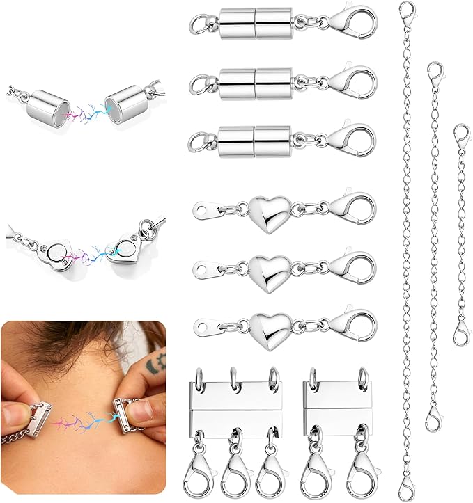 KRFY Extra Strong Magnetic Necklace Clasps and Closures, Necklaces Separator for Layering Stacks, Necklace Chain Extenders for Women, Magnet Detangler Clasp Jewelry Bracelet 11Pcs Silver Color