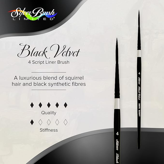Silver Brush Limited 3007S -4 Black Velvet Script Liner Paintbrush for Watercolor, Gouache, Inks, & Dyes, Size 4, Short Handle