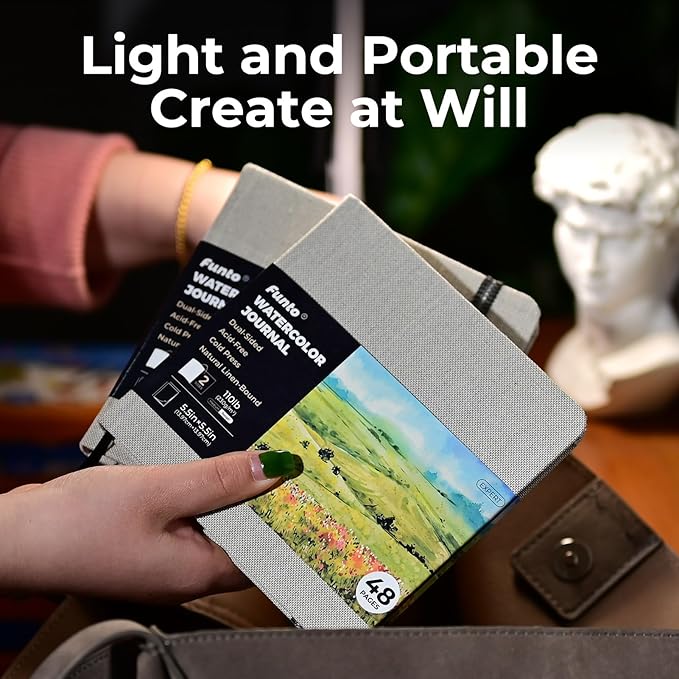 Funto Watercolor Journal, Square, 5.5x5.5, Portable 2-Pack, 48 Pages Each, Gray Cover, 110lb/230gsm, Art Supplies for Mixed Media