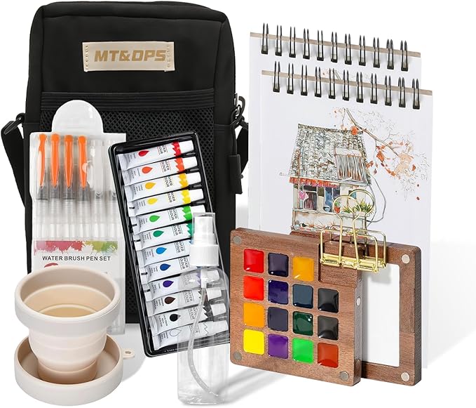 Mini Watercolor Paint Set, Portable Travel Art Kit with 12-Color Paint, 6 Brushes, 2 Sketchbooks & Crossbody Bag - Ideal for Artists & Beginners (walnut color)