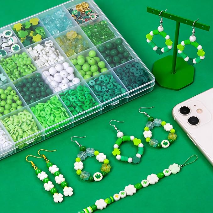 2050+Pcs St. Patricks Day Jewelry Making Kit – Irish Shamrock & Four Leaf Clover Charms Green Polymer Clay Heishi Acrylic Round Beads for DIY Bracelets Necklaces Earrings Craft - Party Favors & Gifts