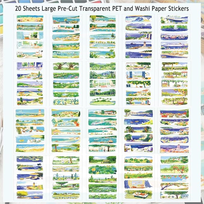 20 Sheets Diecut Summer Scenery Scrapbook Sticker Book for Scrapbooking, Dual Materials - PET and Washi Stickers for Journaling, Junk Journal Supplies, Collage, 4.5X 9.8 Inches