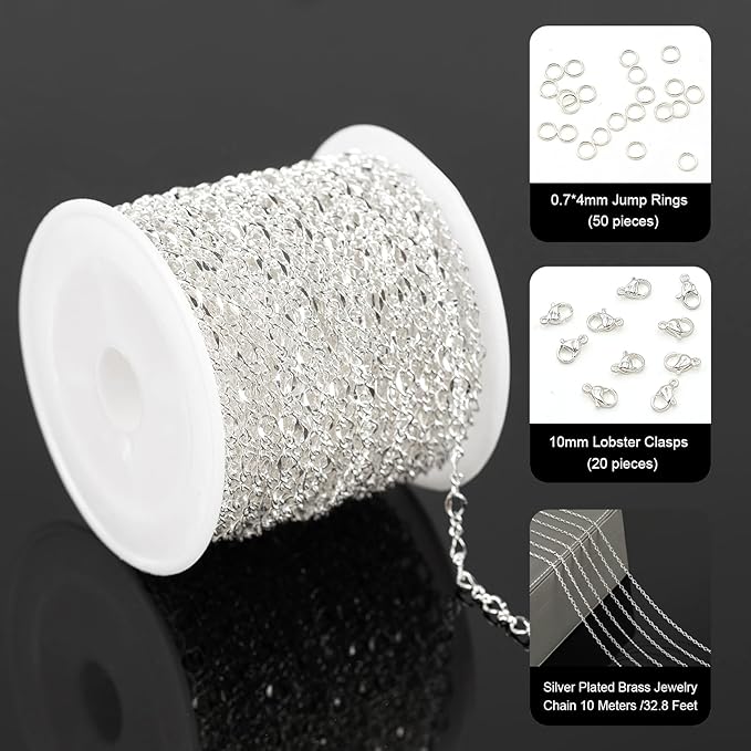 YOUBEIYEE 32.8 Feet Silver Chain for Jewelry Making Silver Plated Brass Link Chain Women Necklace Bracelet DIY Jewelry Chain Roll
