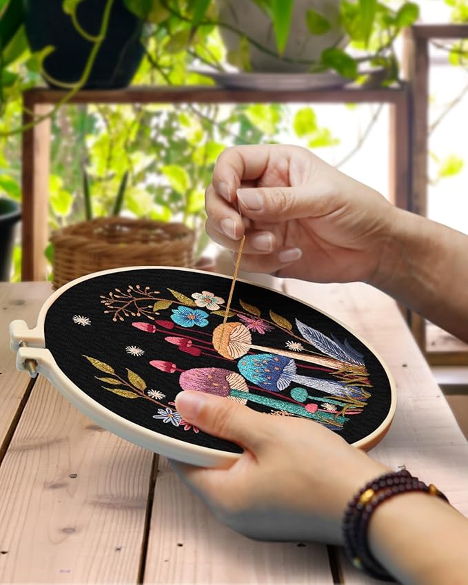 TINDTOP 2 Pack Embroidery Kit for Adult Beginners, Embroidery DIY Starter Kit, with Mushroom Stamped Patterns, Hoop, Tools, Colorful Threads with Needles, Instructions