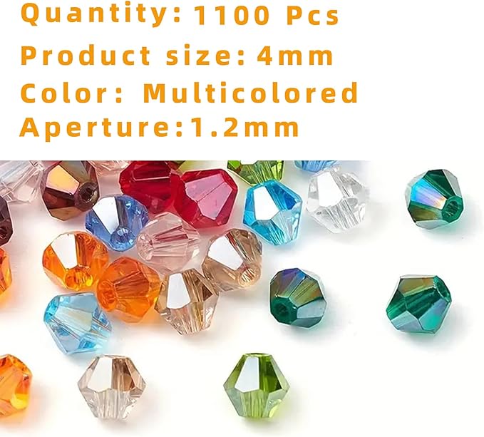laopottbeads 1100pcs 4mm bicone crystal glass beads for jewelry making, sparkling mini beads for suncatchers, diy bracelets & craft projects (multicolored)