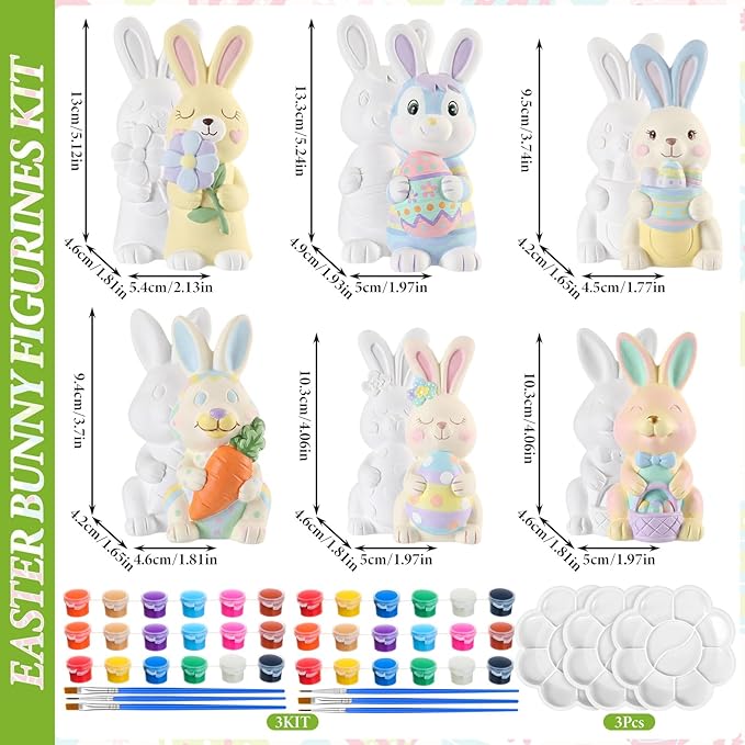 Zubebe 6 Pcs Easter Ceramics to Paint Bunny Kits Ready to Paint Your Own Easter Bunny Figurines 5.1 Inch 3D Unpainted Blank Ceramics with Brush and Palette Rabbit Statues for Craft (Simple Style)