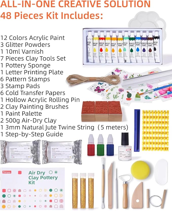 Air Dry Clay Kit for Adults, Pottery Kit for Beginners, 48 PCS Clay Kit with Acrylic Paints, Stamps, Sculpting Tools & Step-by-Step Guide - Crafts for Birthdays Xmas Gift & Decor