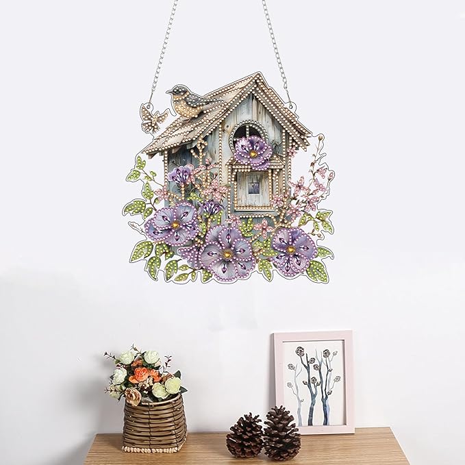ARPADAMO Hanging Diamonds Art kit for Adult,DIY Bird House Pendant Diamonds Painting Art Kit, 7.8x7.8 inch Acrylic Diamonds Painting Board Kit Ornament, Special Crystal Diamond Hanging Ornament