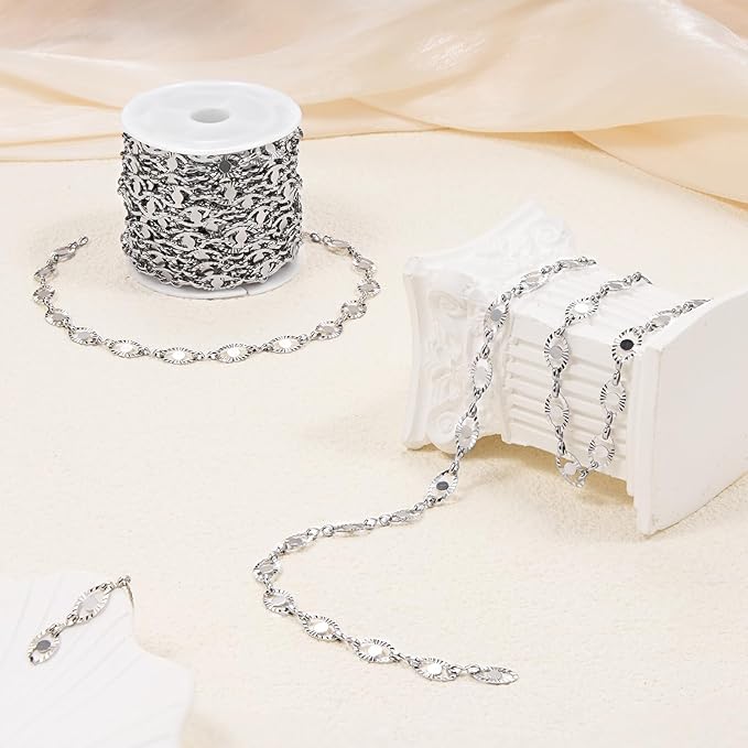 YOUBEIYEE 5 Meters Stainless Steel Chains for Jewelry Making Embossed Oval Bulk Chain Decorative Craft Chain Roll