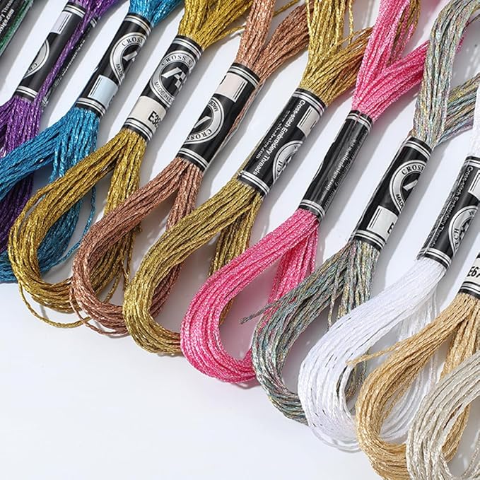 12 Skeins 12 Colors Metallic Embroidery Floss Colorful Glitter Cross Stitch Tassel Thread Polyester Friendship Bracelets Shimmer Crewel String Bulk Set for Hand Sewing Making Knitting Craft