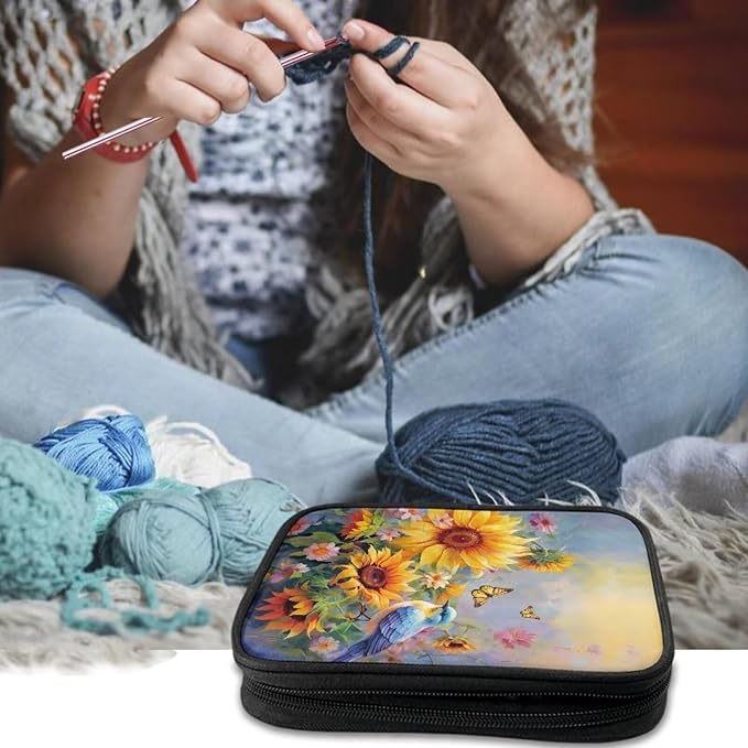 Hechitok Hummingbird Sunflower Crochet Hook Case Zipper Storage Organizer Bag with Pockets for Various Crochet Needles/Knitting Accessories/Crochet Hook Kit Tools