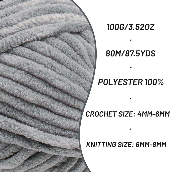 2 Pack Chunky Chenille Yarn for Crocheting, Baby Yarn for Crocheting Soft Blanket, 174.9 yds /7 oz Crochet Yarn, Bulky 5 Amigurumi Yarns, Fluffy Velvet Yarns for Knitting Crafts (2 Grayish)