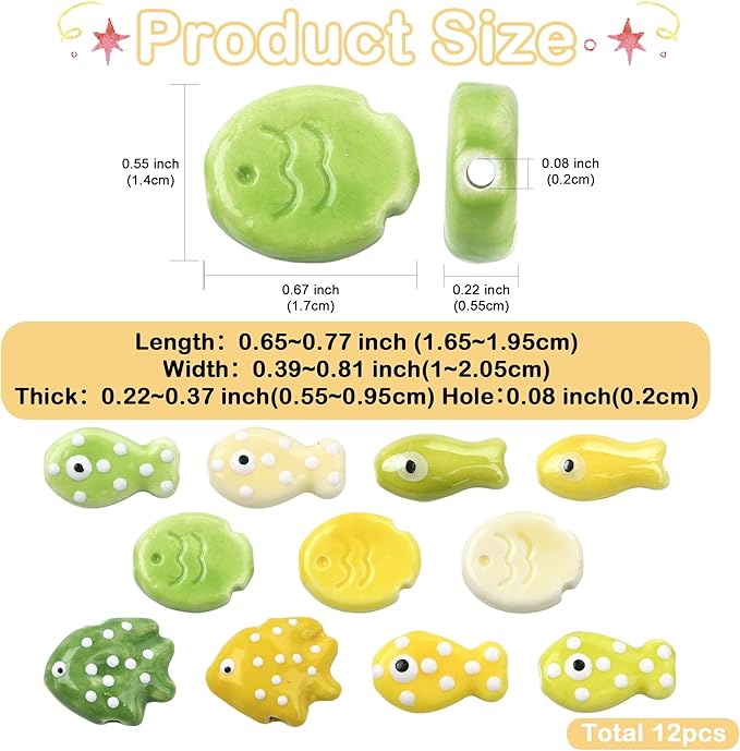 12Pcs Fish Ceramic Porcelain Beads for Jewelry Making 11 Styles Yellow Ocean Sea Beach Animal Spacer Beads for DIY Necklaces Earrings Bracelets Keychains Jewelry Findings Accessories