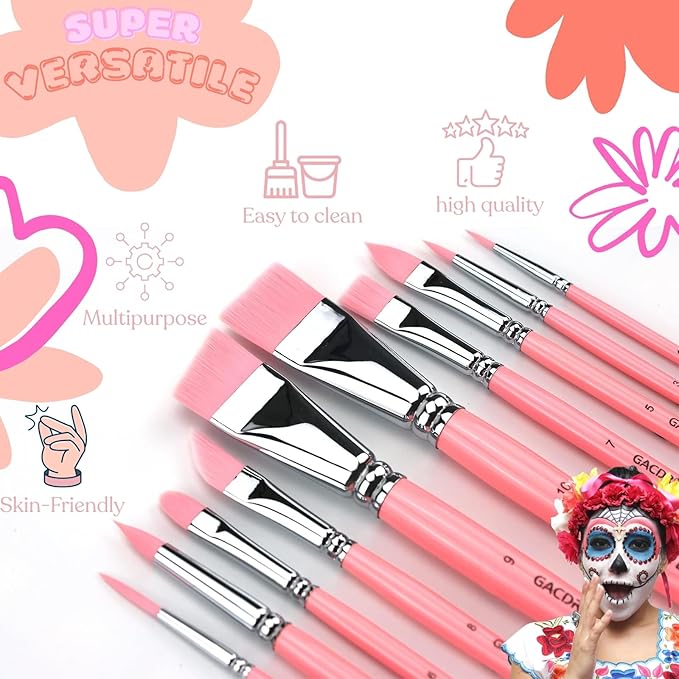 Face Paint Brush Set,10 Pcs Professional Artist Paint Brushes for Face & Body Painting for Halloween Cosplay Party - Acrylic Painting Oil Gouache Watercolor