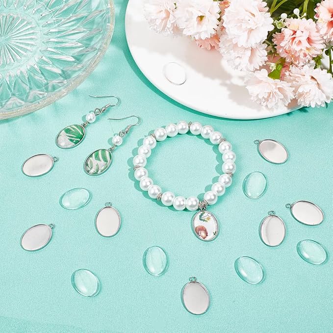 SUNNYCLUE 1 Box 80Pcs Bezel Trays Oval Pendant Tray Set Stainless Steel Pendant Blanks Photo Charm Cabochon Settings Blank Bezel Charms with Glass Cabochons for Jewelry Making DIY Findings