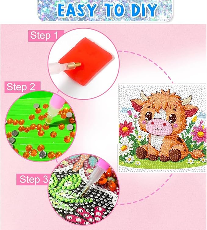 Dlylust Highland Cow Diamond Art Kits for Kids with Frame, Gem Art for Kids Ages 4-8-12, Easy Diamond Painting Kit with Beautiful Package for Gift Home Wall Decor