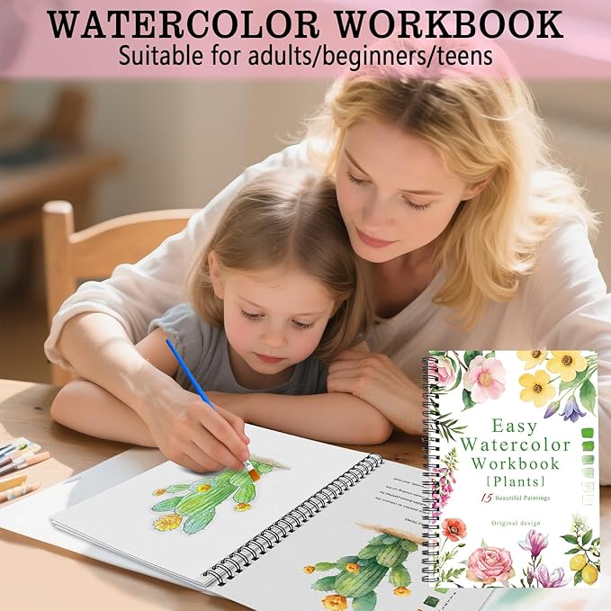 SLWBZ Watercolor Workbook Flower Plants, 15 Different Patterns of Original DIY Designs, Beginner-Friendly Watercolor Workbooks, (Plants, Without Palette)