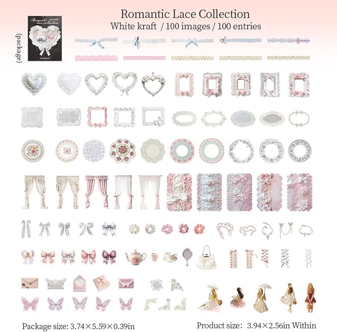 100 Pieces Romantic Lace-Themed Scrapbook Stickers Set, Aesthetic Decorative Stickers for Scrapbooking, Junk Journaling, Crafting, DIY Projects, Diaries and Art Supplies