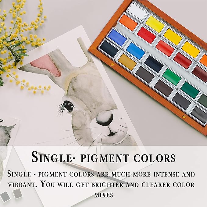 Watercolor Set Professional | 24 Richly Pigmented Colors (XL Pans) in Wooden Box | Artist Grade Watercolor Professional Paint Set