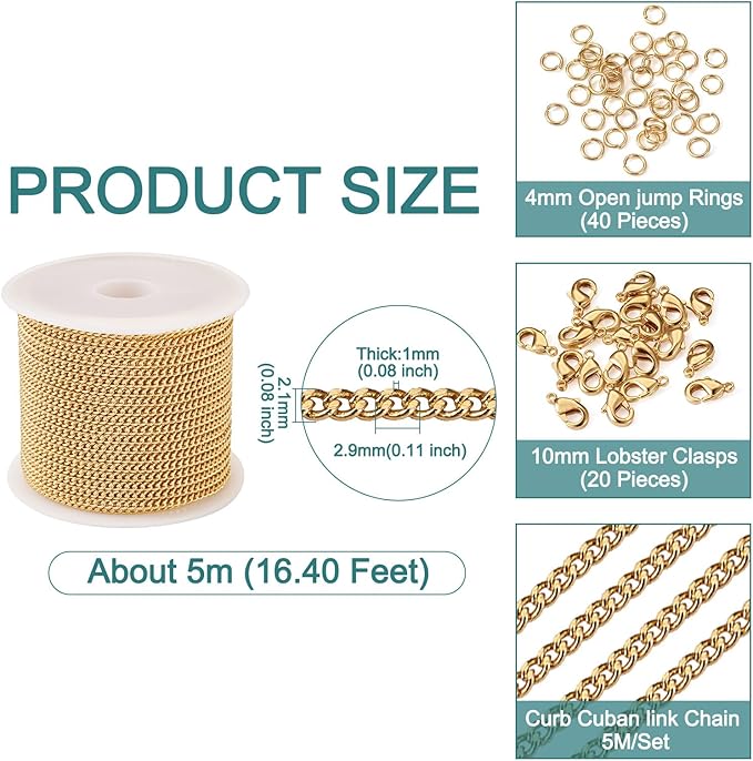 Pandahall Real 18K Gold Plated Cuban Link Chains 16.4 Feet Brass Curb Chains Soldered Jewelry Chains with Lobster Claw Clasps Jump Rings for Bracelet Necklace Jewelry Making