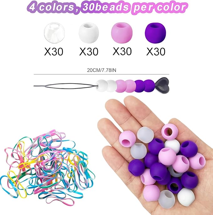 120Pcs 14mm Large Silicone Beads for Hair Braids, Soft Jellyish Hair Beads with 7mm Hole + 50 Rubber Bands and 1 Beader for Braiding, DIY Bracelets Necklaces Crafts(Purple)