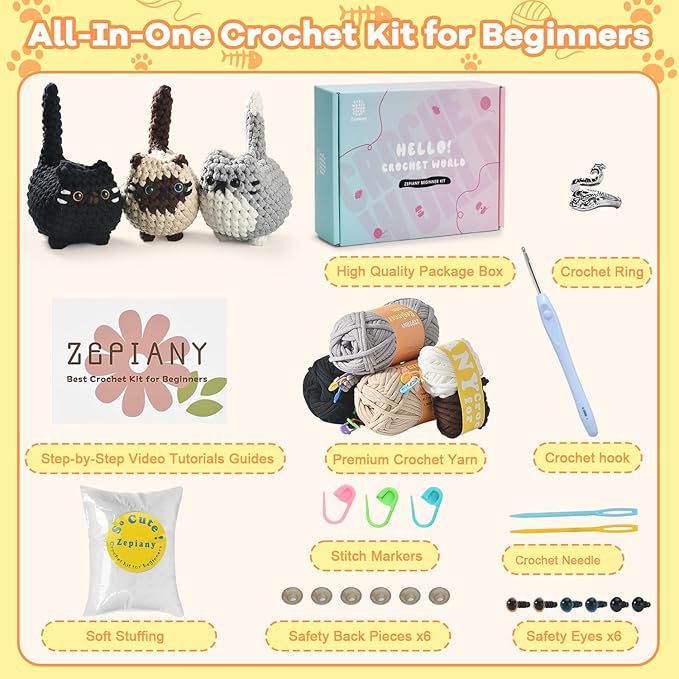 Zepiany Crochet Kit for Beginners, Crochet Cat Beginner Crochet Kit for Adults, Amigurumi Crochet Animals Cat Crafts Crochet Kits, Easy Knitting Kit Galentines Day Gifts