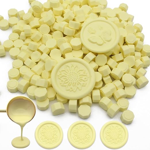 250pcs Wax Seal Beads Light Yellow, Andotopee Premium Sealing Wax Beads for Stamp Seals, Octagon Seal Stamp Pellets Refill Pack for Wedding Invitation, Letter Envelope, Scrapbook DIY Crafts