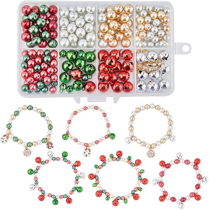SUNNYCLUE 1 Box 240Pcs 6 Sets Christmas Charms Beading Bracelets Making Kit Small Jingle Bells Red Green Beads Holiday Cheerful Sound Adult Bell Winter Snowflake Charms for Jewelry Making Kits