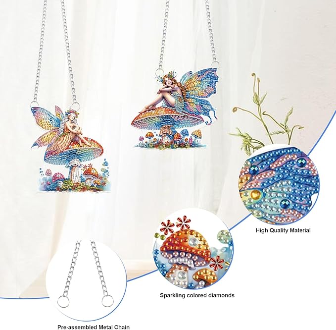 LazyFold 2PCS Diamond Art Hanging Pendant Kits for Adults, Mushroom Fairy DIY 5D Special Shape Diamond Art Painting Pendant Kits,Gem Art Suncatchers Painting Ornament for Home Garden Wall Decor Gift