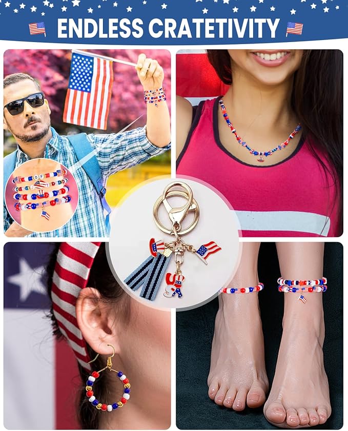Goldwise 1578Pcs 4th of July Red White Blue Beads Bracelet Making Kit with Clay Seed Plastic Pony Pearl Beads, Patriotic USA Flag Star Beads, Metal Charms Earrings for Jewelry Making