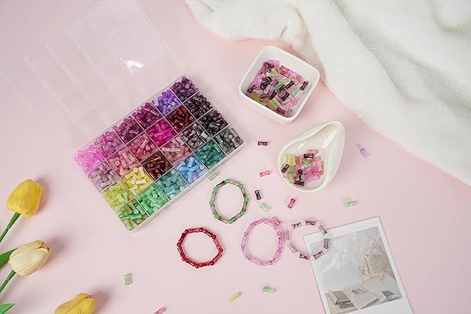 REVKI 6 * 12mm Glass Beads Bracelet Making Kit for Kids,600pcs 24 Colors Natural Bamboo Crystal Beads for Jewelry Making,Glass Beads for DIY Necklace Crafts