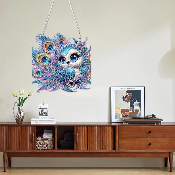 DOMROM Peacock Diamond Art Hanging Kit for Adult, Special Shaped Rhinestone, 5D Diamond Art Painting Window Pendants, Home Wall Art Hanging Kits, Double Sided Hanging Ornament 5.1x7.6in