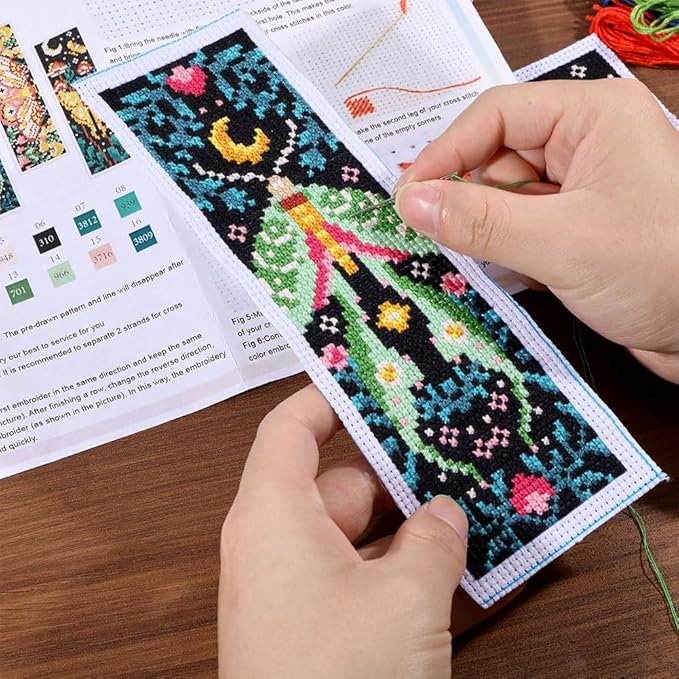 ORIGACH 6 Pcs Cross Stitch Bookmark Kit for Beginner Adults, Vivid Moths Stamped Embroidery Bookmark Kit with Instruction for Starters Printed Cross Stitch DIY Kits for Book Lovers