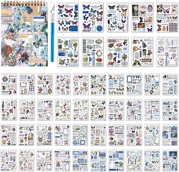 Vintage Washi Sticker Book for Journaling - 900+ Scrapbooking Stickers, Ephemera for Junk Journal Supplies DIY Crafts Arts Decorative 50 Sheets (Blue)