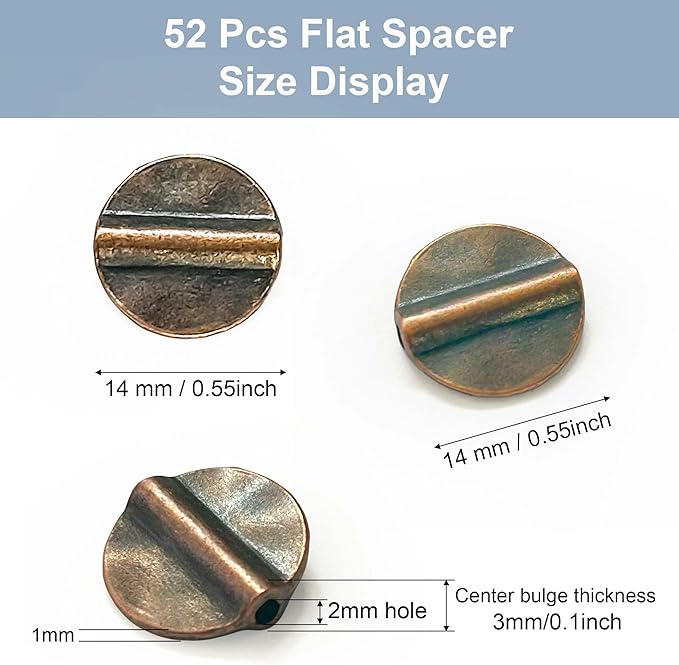 Copper Smooth Flat Bead Jewelry 52Pcs Spacer Beads Kit Jewelry Findings Beading Assortment DIY Accessories for Bracelet Necklace Jewelry Making 14mm