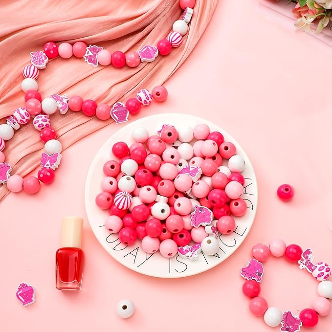 Waydress 200 Pcs Pink Wooden Beads for Crafts 16mm Large Printed Wood Beads Bulk with Bows Disco Ball Charms for Hair Keychain Making Bachelorette Party Birthday Decor Pen DIY Garland
