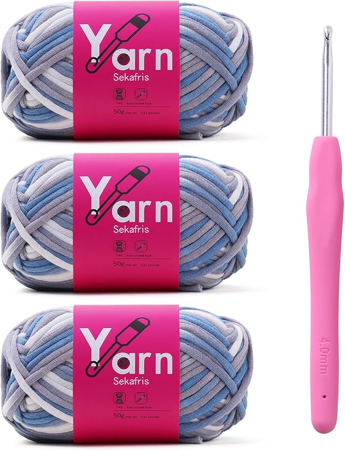 Crochet Yarn with Cotton Yarn for Crocheting - Crochet Knitting Yarn for Beginners with Easy-to-See Stitches - Yarn for Crocheting - Parfait Chunky Yarn -Cotton-Nylon Blend (Blue-Gray)