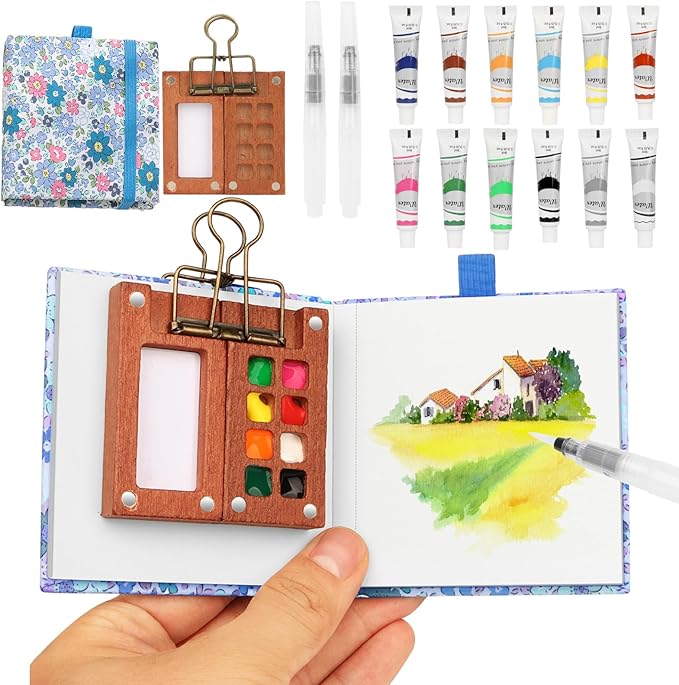 Travel Watercolor Set，Mini Paint Palette Travel kit，Mini Water Color Paint Set，Wooden 8 Grid Paint Box,12 Colors Small Watercolor Sketchbook for Artists Painters Students (12-blue)