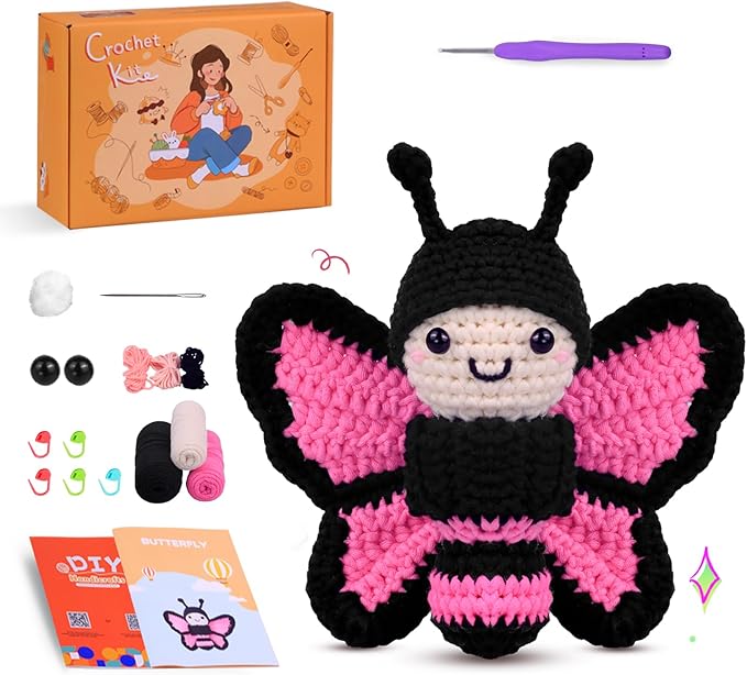 Crochet Kit for Beginners,Crochet Starter Kit with Step-by-Step Video Tutorials,DIY Crochet Animal Kits for Adults Kids,Complete Kit Included(Butterfly)