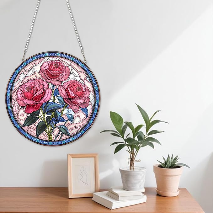 NAIMOER Diamond Art Hanging Kits for Adults Rose 5D Special Shaped Rhinestone, DIY Acrylic Diamond Art Painting Window Pendants Home Garden Wall Hanging Ornament Kits, Double Sided