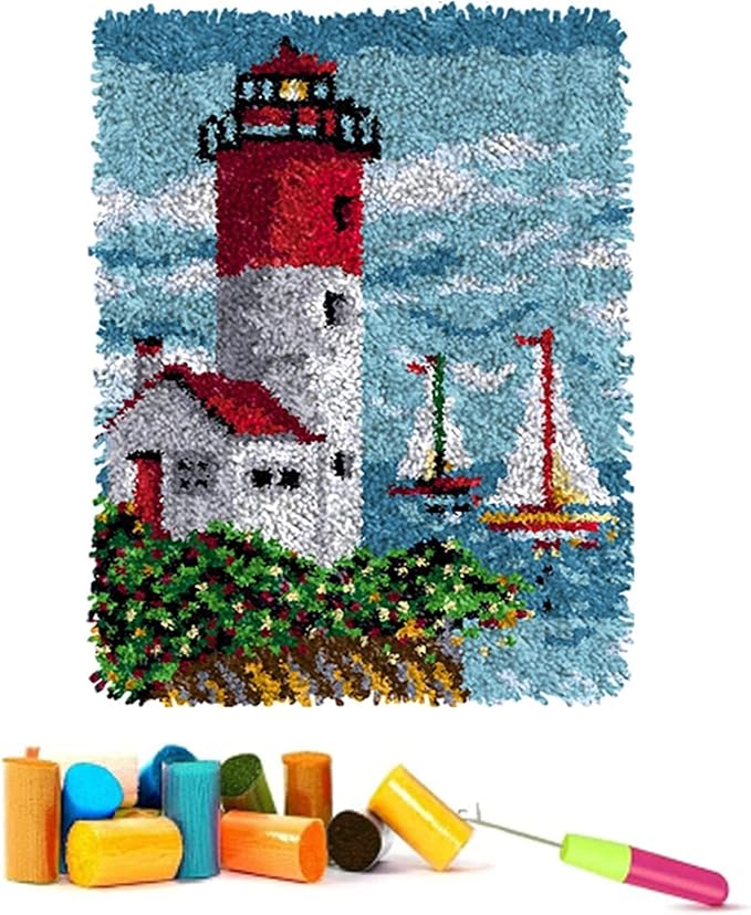 Zriechs Latch Hook Kits for Adults Kids DIY Lighthouse Crochet Yarn Kits Tapestry Kit for Home Decoration, 21''x15'' (C)