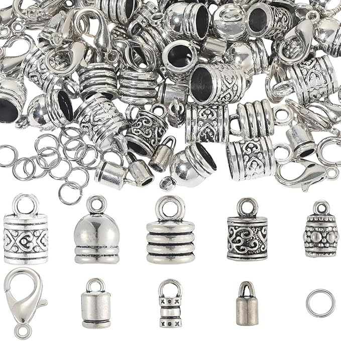 SUNNYCLUE 1 Box 230pcs Silver Cord End Kumihimo Bracelet Ends Antique Silver Alloy Metal Glue In Crimp Tassel Leather Cord String End Caps with Lobtser Clasp And Jump Ring for Jewelry Making Kit Craft